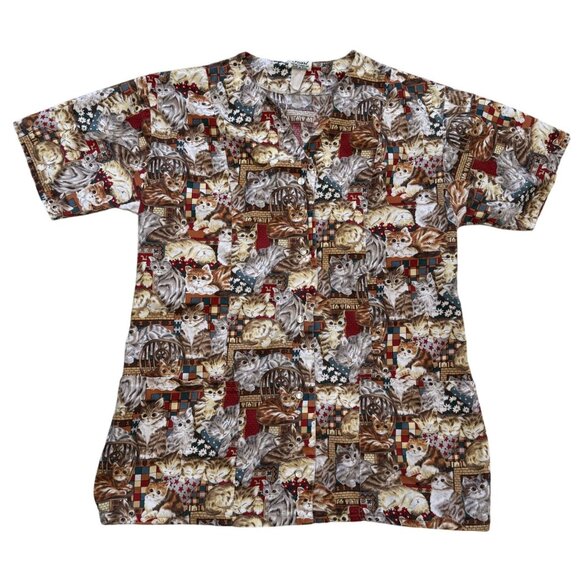 Pearl Healthwear Cat Print Scrub Top Medium Cotton Pearl Snap Made In USA - Picture 1 of 6